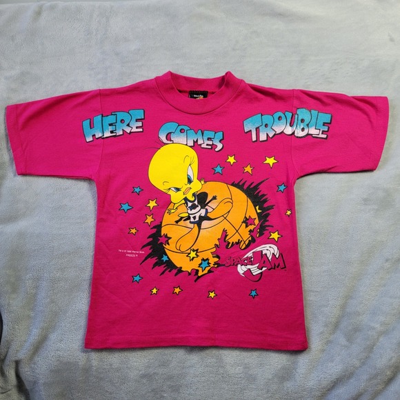 Warner Bros. Other - Vintage 1996 Space Jam Tweety Bird Pink Graphic T-Shirt Kids Medium Made in USA